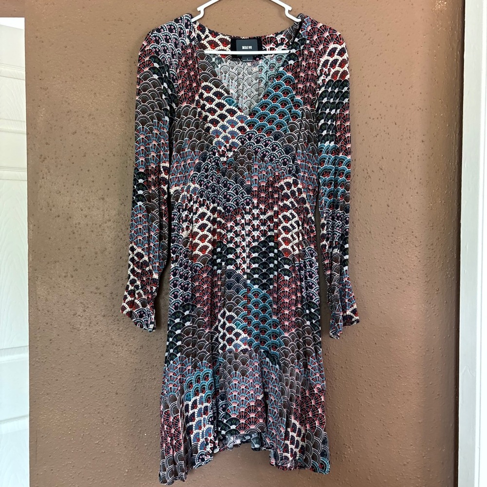 Maeve Anthropologie Multi Color Fan Print V-Neck Long Sleeve Dress Womens Small